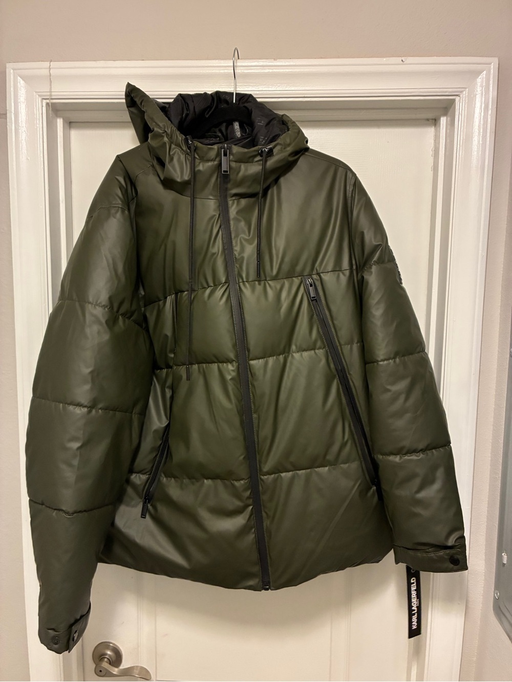 Karl Lagerfeld Olive Green Hooded Puffer Jacket
